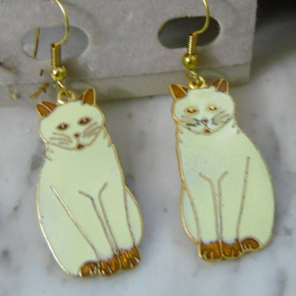 Vintage 1980s Cloisonne Cat Earrings R.O.C. - Picture 1 of 2